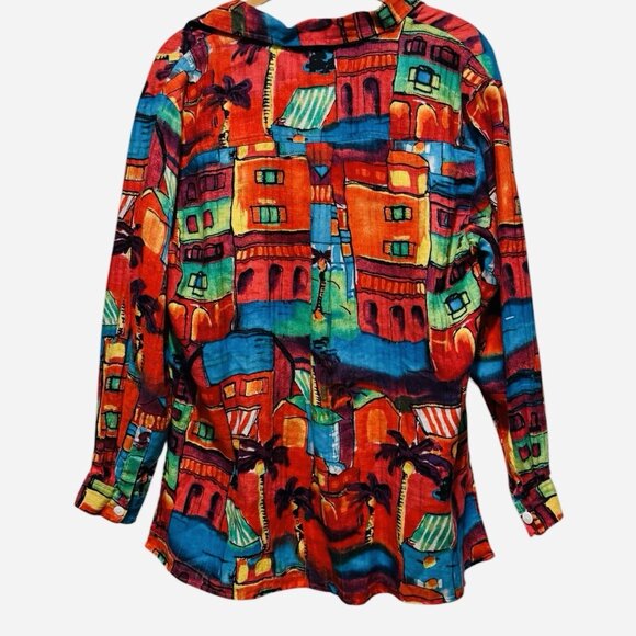 Chicos Linen Button Up Multicolor Village City Artsy Colorful Womens XL 3 - Picture 6 of 12